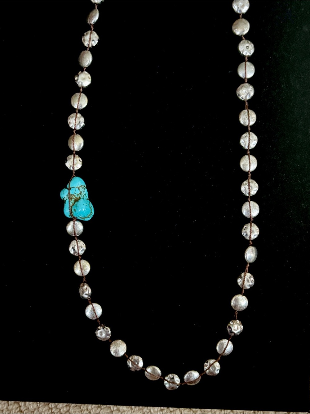 Lucky Brand Hammered Silver Disc Bead Corded Necklace with Turquoise Nugget 36” - Picture 2 of 9